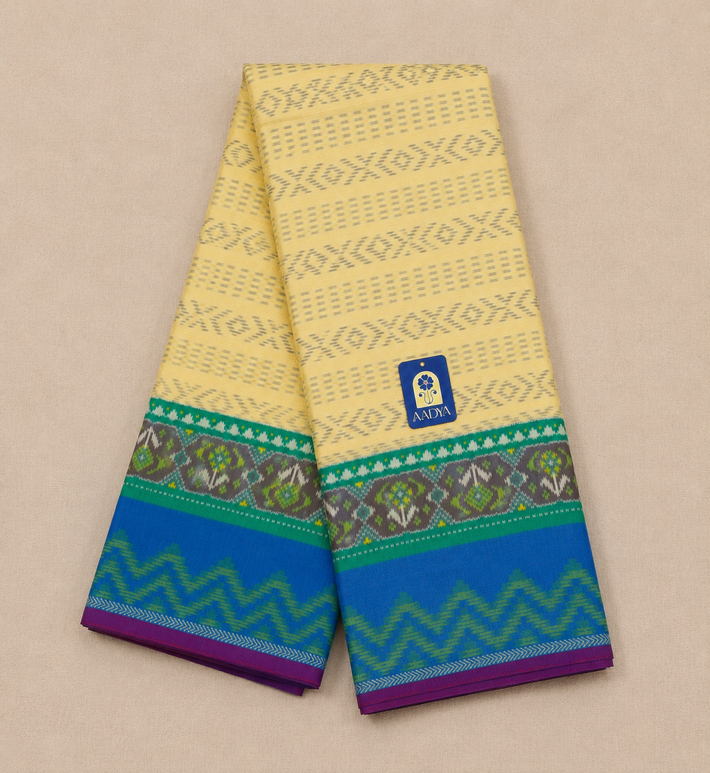 Cream Patola Eri Silk Saree with Peacock Blue Wave Border & Blue-Green Patola Pallu