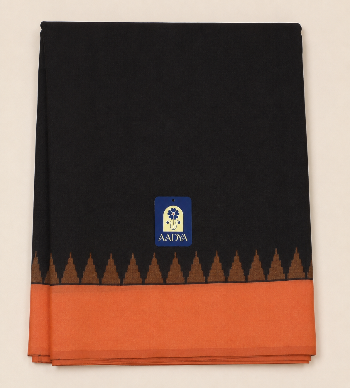 Black Gadwal Silk Saree with Orange Temple Design Border & Plain Pallu