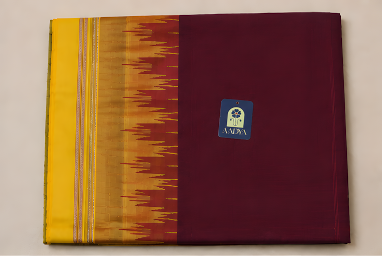 Maroon Ilkal Cotton Saree with Yellow Viscose Rayon Border
