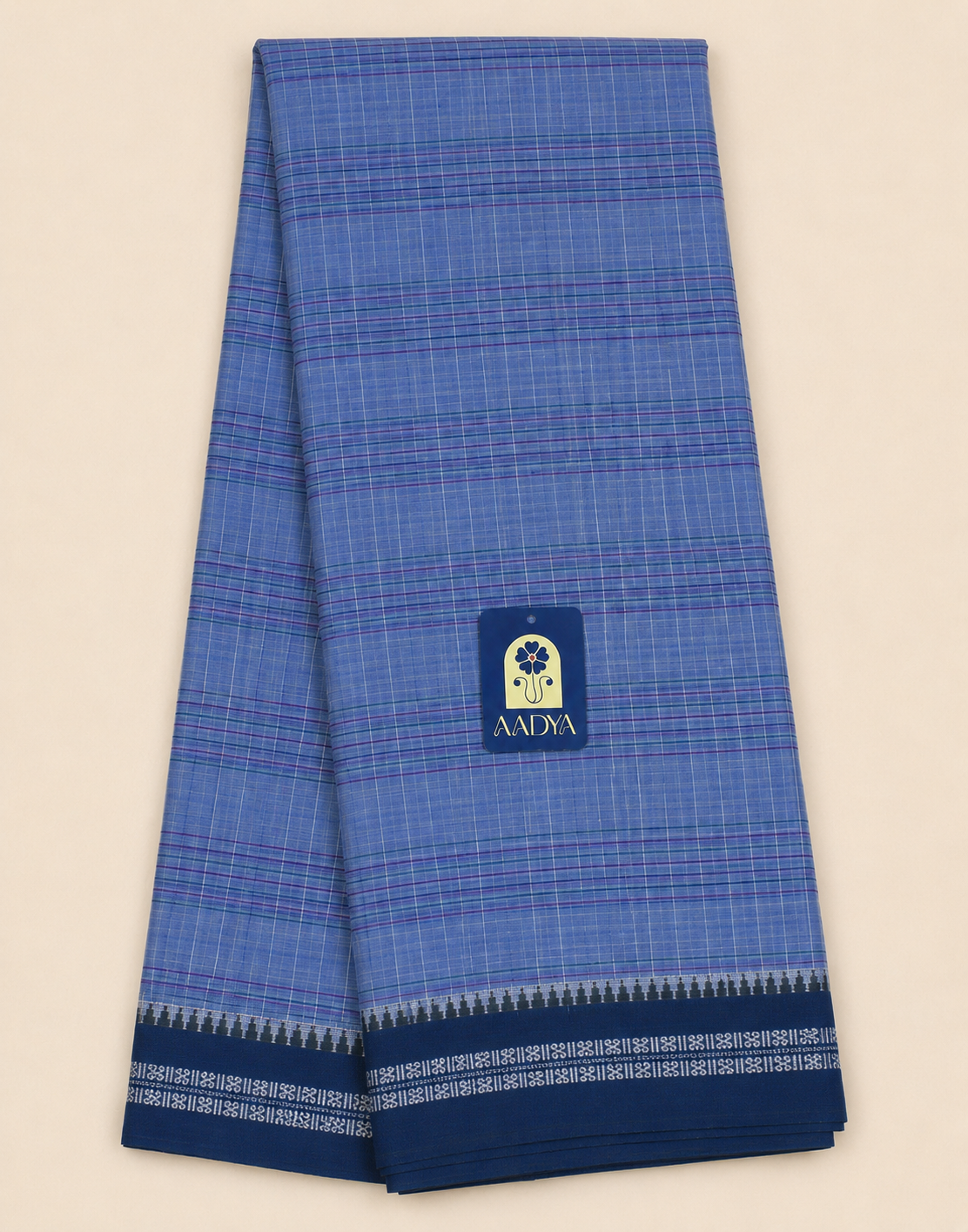 Powder Blue Narayanpet Cotton Saree with Navy Blue Geometric Border & Cream Pallu
