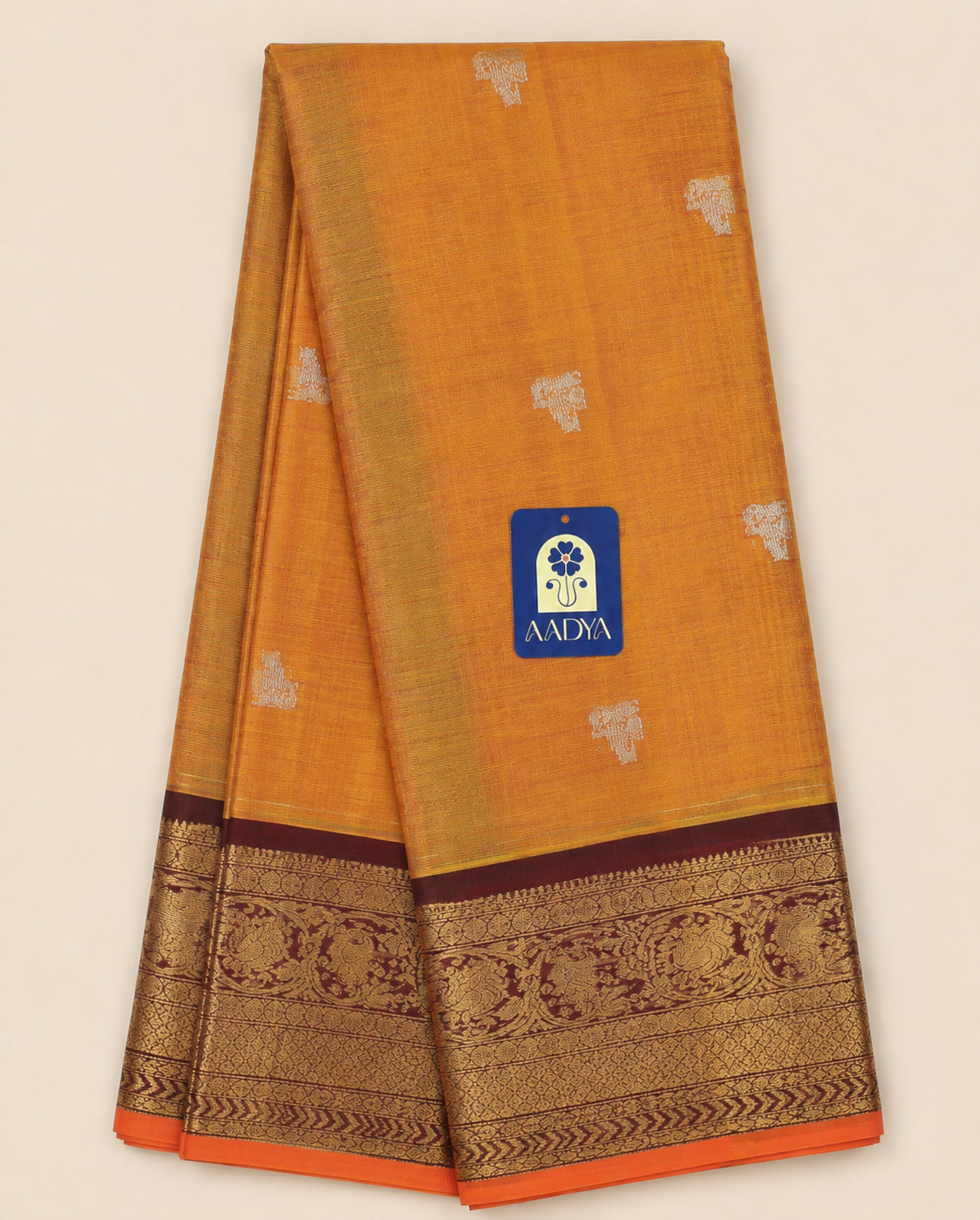 Orange Gadwal Sico Saree with Zari Lines, Peacock Zari Buttis & Maroon Zari Border