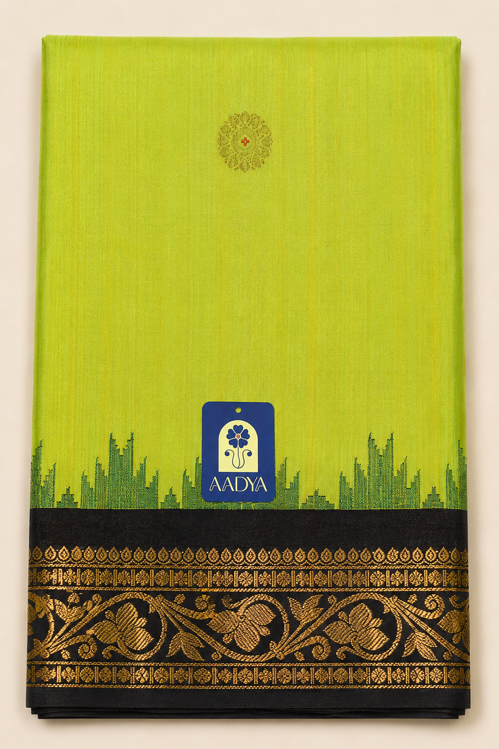 Green Gadwal Silk Saree with Flower Zari Buttis, Black & Pink Temple Border