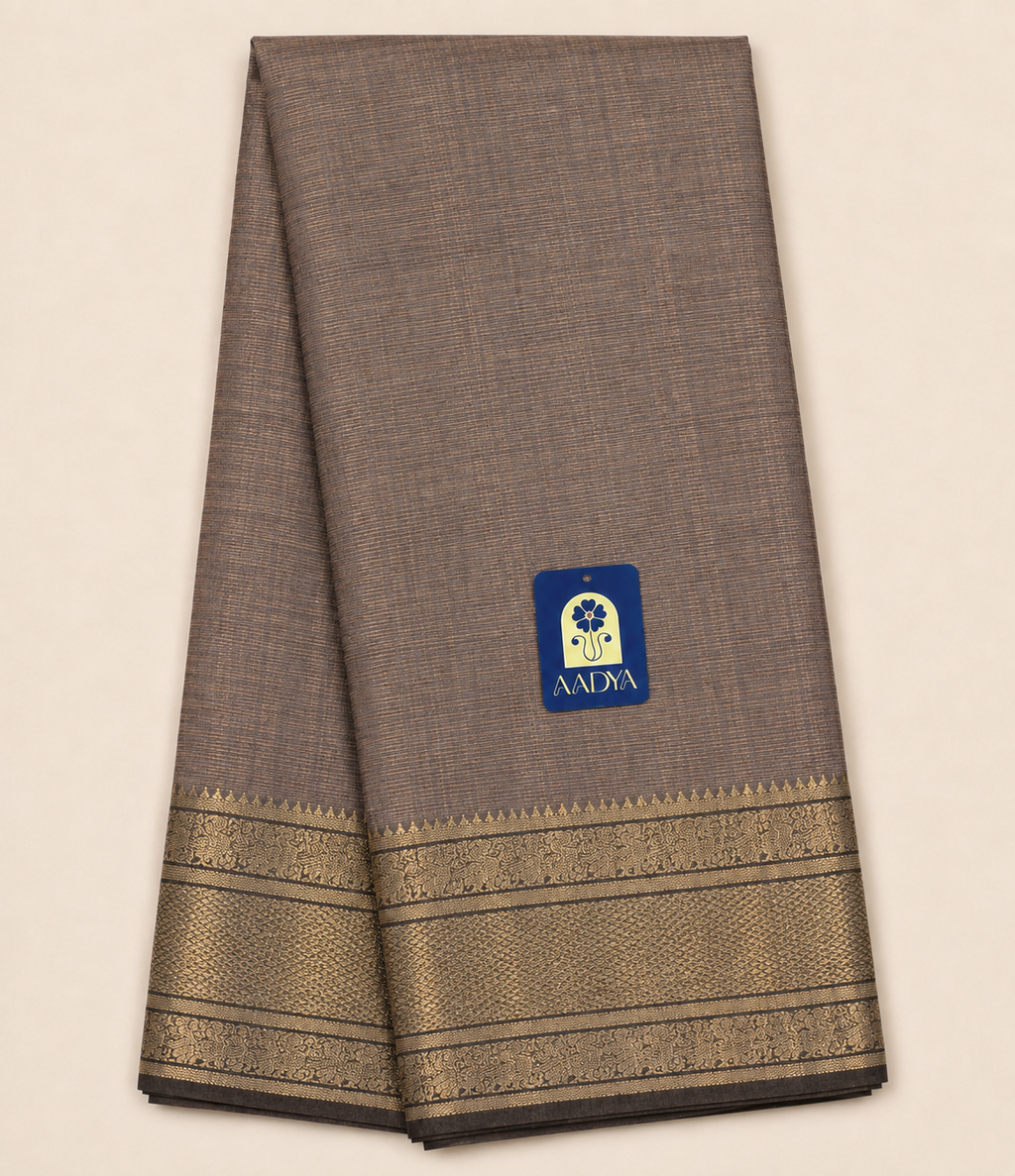 Grey Mangalgiri Sico Saree with Silver Zari Border & Striped Pallu