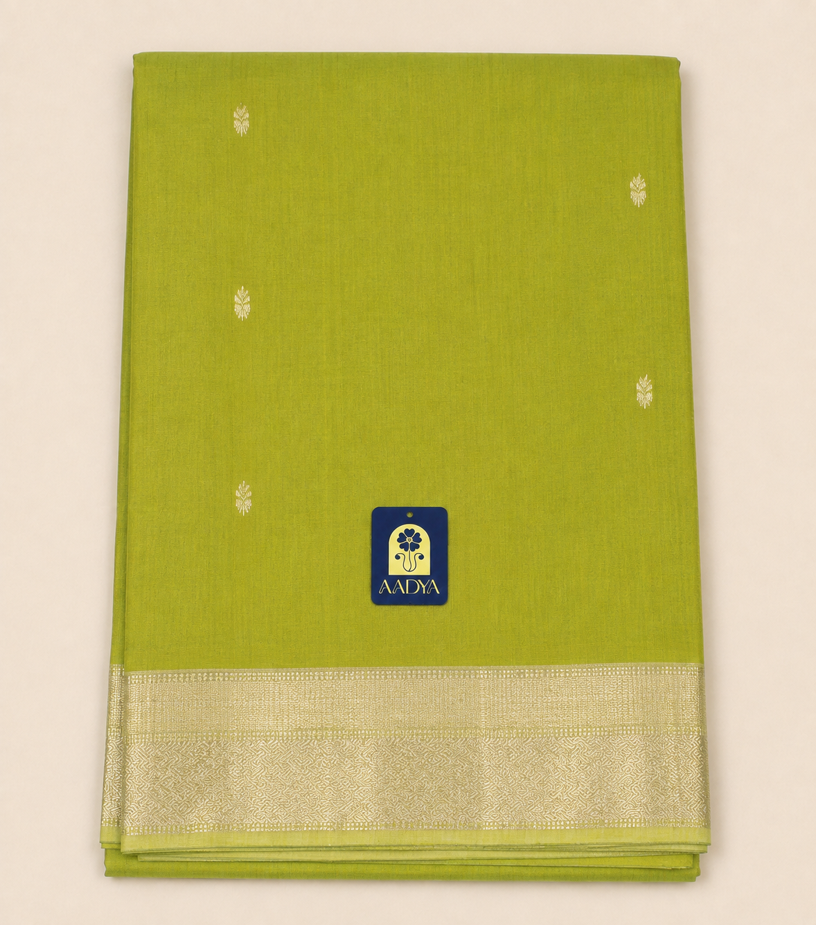 Green Maheshwari Silk Saree with Silver Zari Buttis & Border