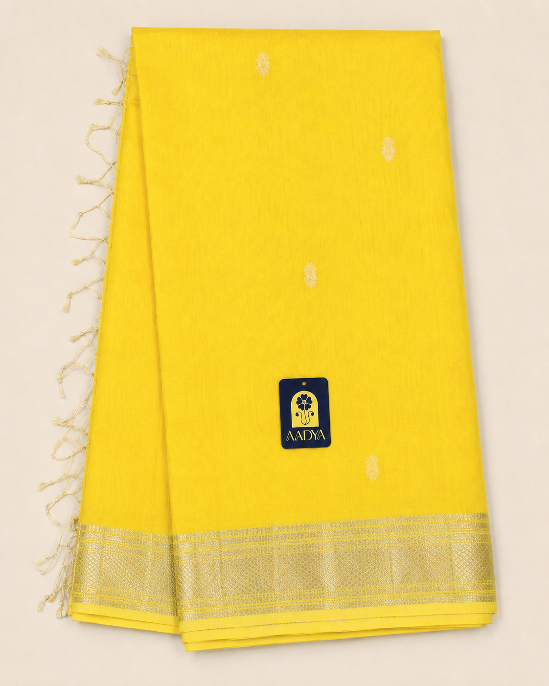 Yellow Maheshwari Silk Saree with White Thread Flower Buttis & Silver Zari Border