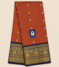 Orange Gadwal Silk Saree with Gold & Silver Flower Buttis and Navy Blue Bird Motif Zari Border