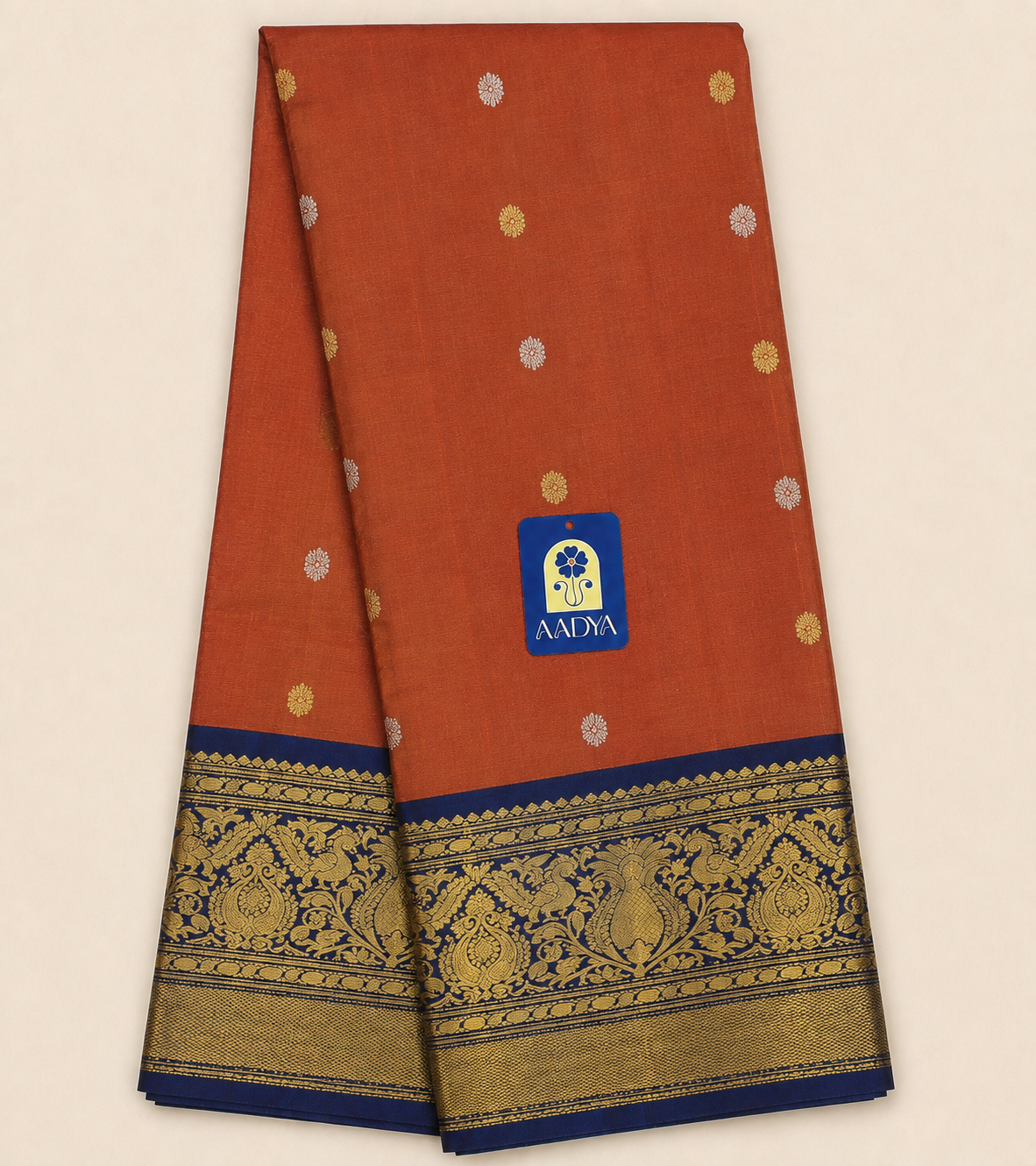 Orange Gadwal Silk Saree with Gold & Silver Flower Buttis and Navy Blue Bird Motif Zari Border