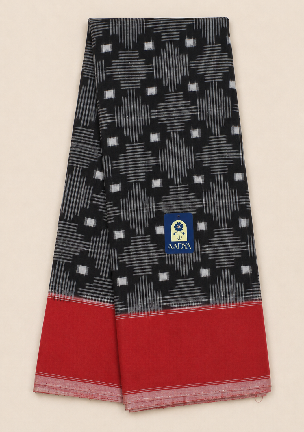 Deep Black Double Ikkat Cotton Saree with Geometric Ikat Pattern & Red Border