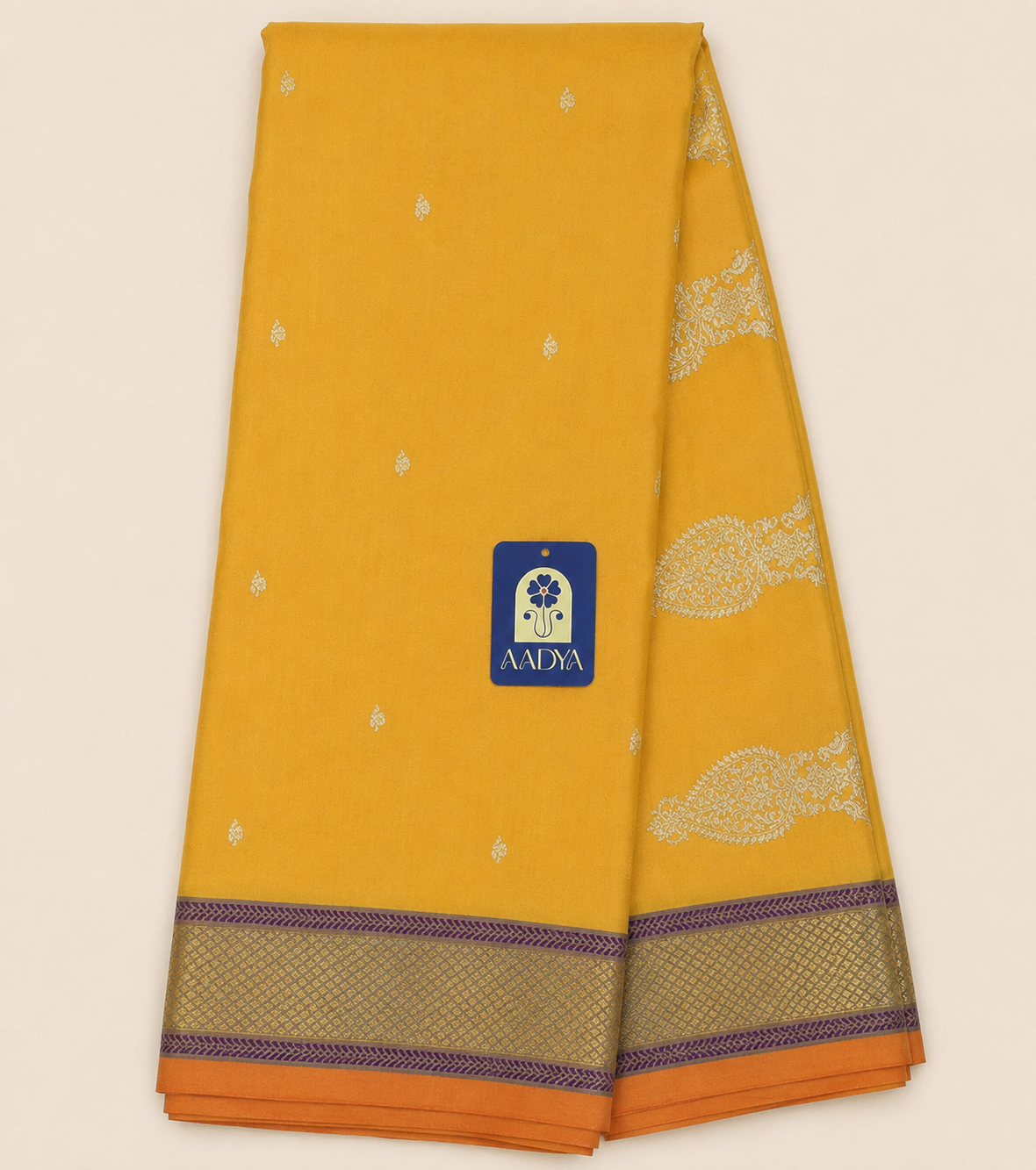 Mustard Yellow Paithani Silk Saree with Gold Butta Motifs & Zari Border