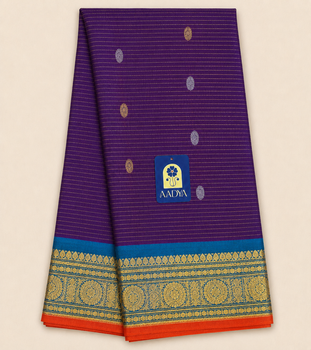 Purple Gadwal Sico Saree with Gold & Silver Round Buttis and Green Zari Border