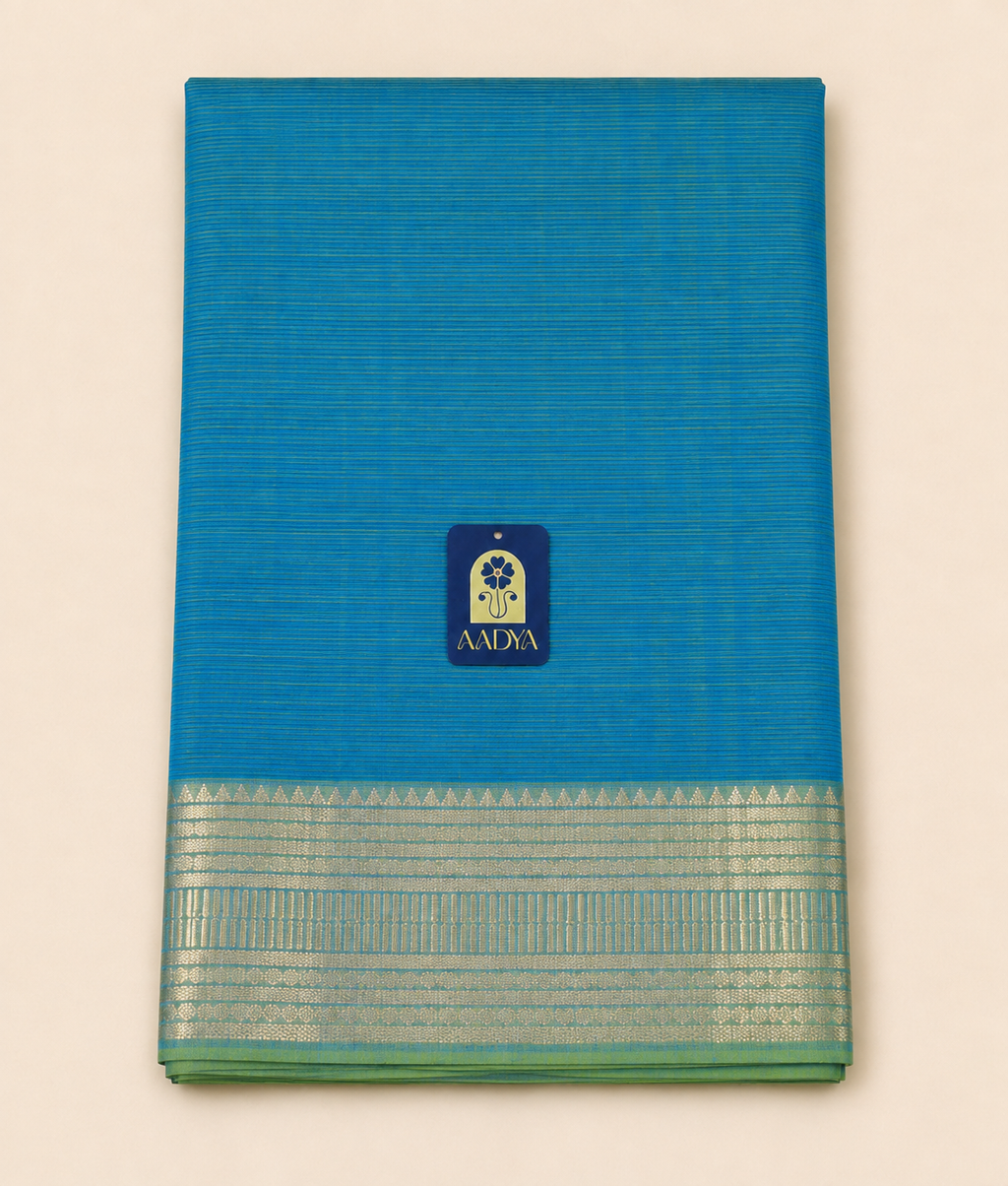 Aqua Blue Mangalgiri Sico Saree with Green Silver Zari Border & Striped Pallu