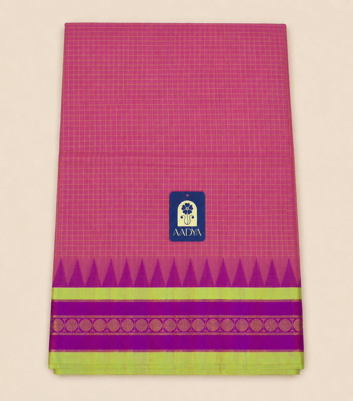 Beetroot Pink Ponduru Khadi Cotton Saree with Purple Border & Zari Checks