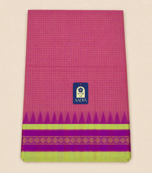 Beetroot Pink Ponduru Khadi Cotton Saree with Purple Border & Zari Checks