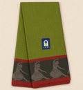 Parrot Green Narayanpet Cotton Saree with Brick Red Border & Woman Dancer Motifs