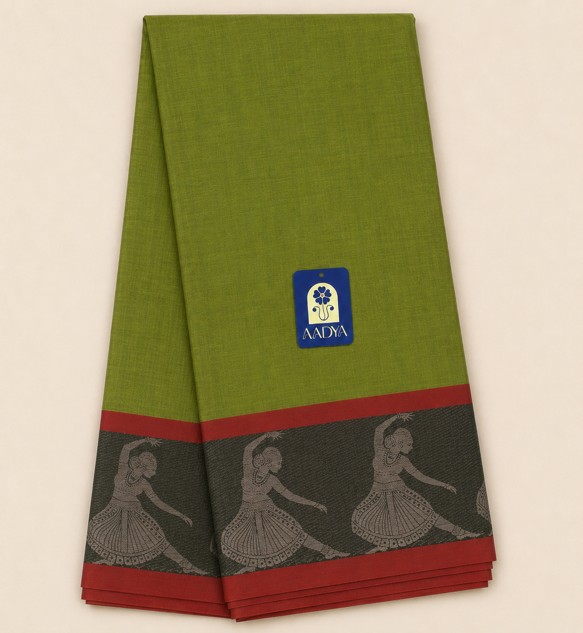 Parrot Green Narayanpet Cotton Saree with Brick Red Border & Woman Dancer Motifs