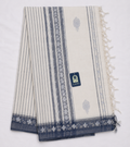 White Khadi Cotton Saree with Silver Floral Kashmir Work & Sea Blue Border