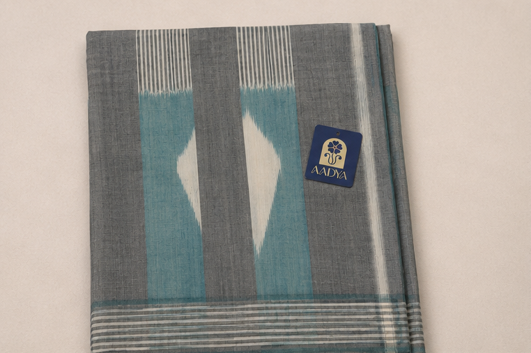 Sea Blue & Grey Ikat Cotton Saree with White Border