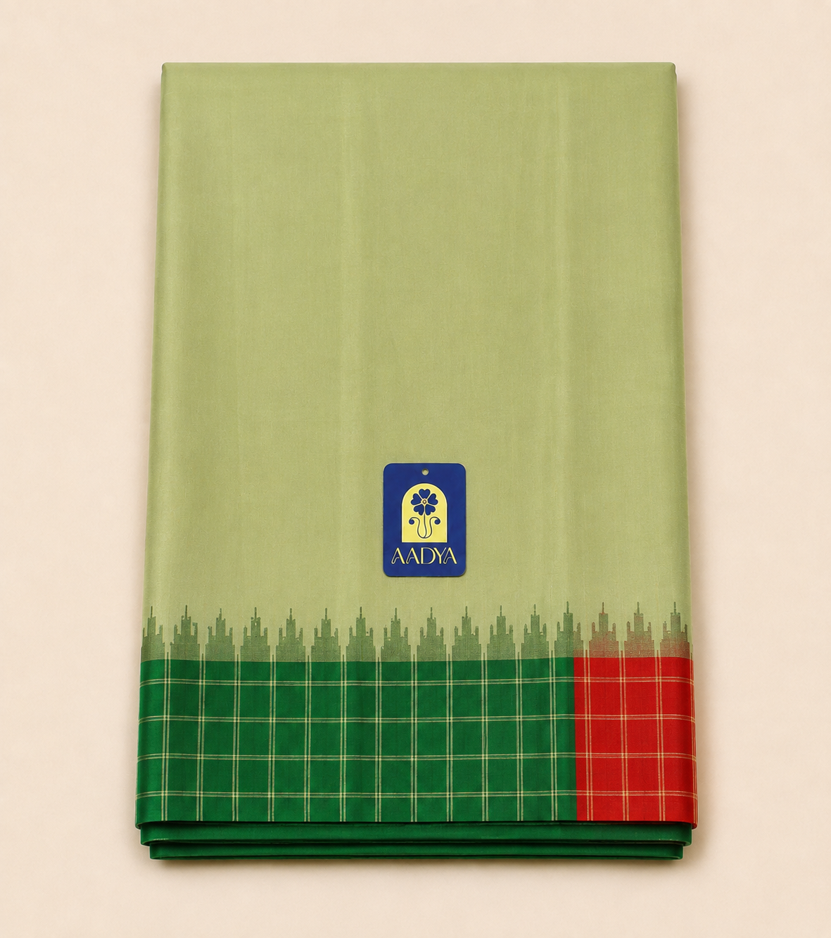Cream Gadwal Sico Saree with Red & Green Ganga Jamuna Temple Border