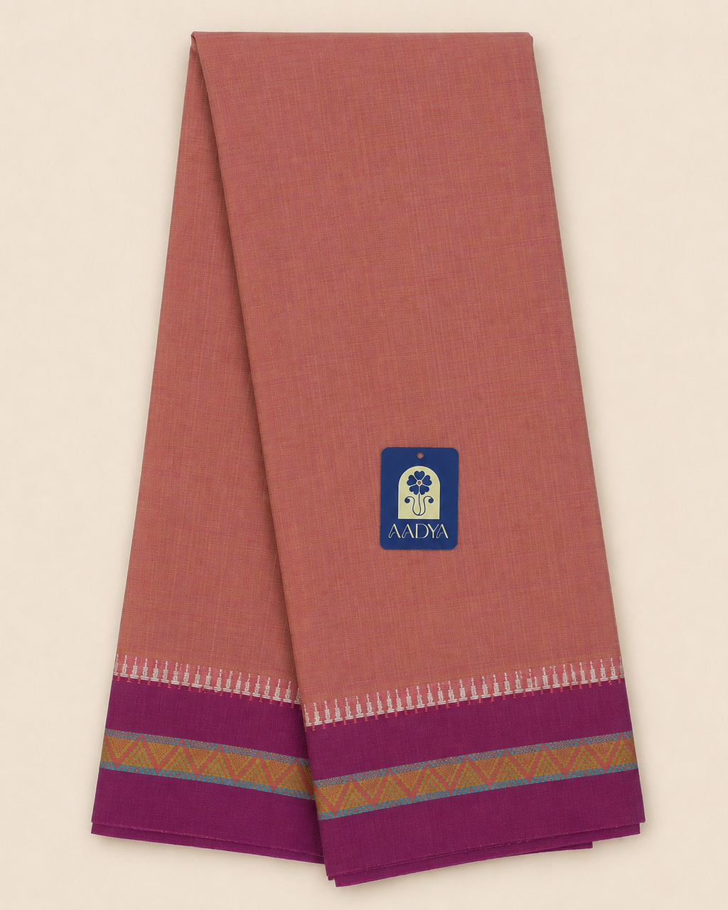 Peach Narayanpet Cotton Saree with Purple Border & White-Purple Pallu