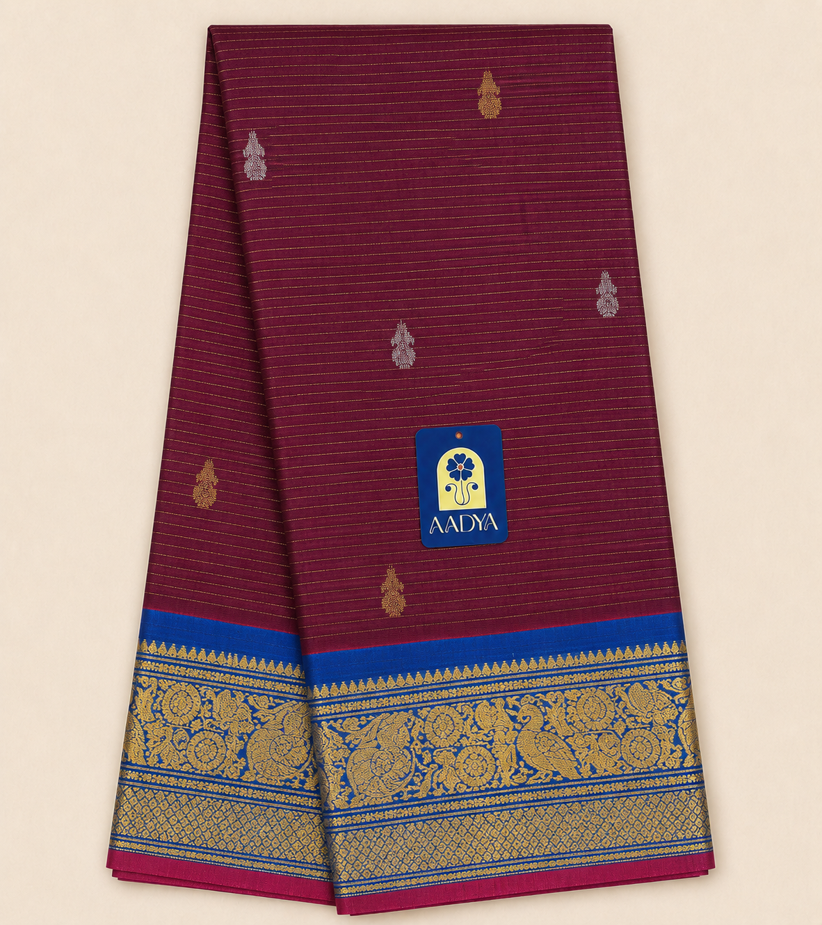 Magenta Gadwal Sico Saree with Gold & Silver Thread Flower Buttis and Peacock Blue Zari Border