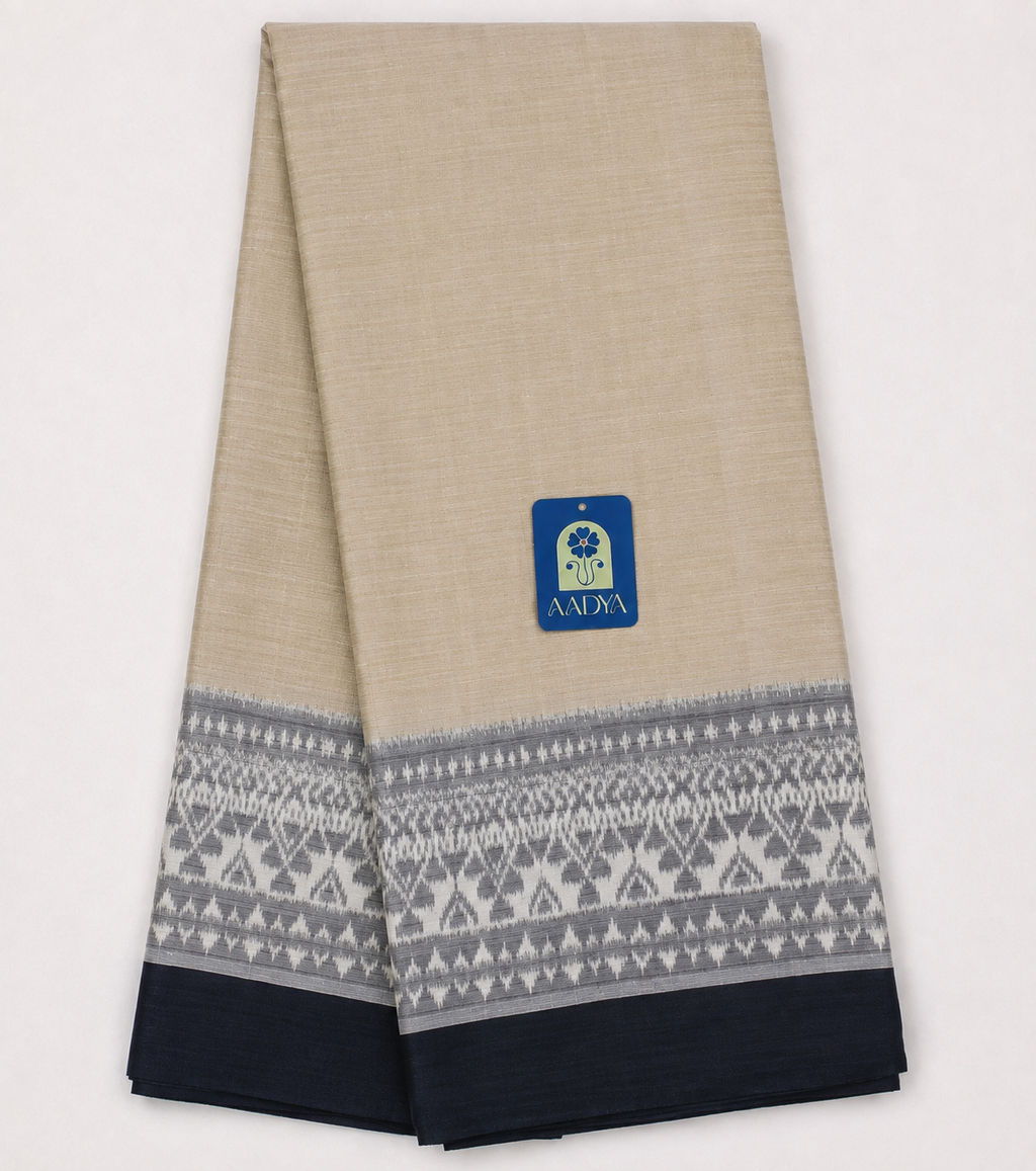 Beige Ahimsa Silk Saree with Grey Geometric Tribal Design & Black Selvage