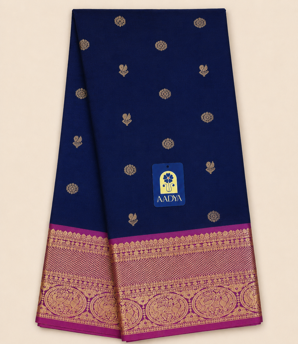 Dark Blue Gadwal Silk Saree with Flower Zari Buttis, Purple Peacock & Leaf Motif Border