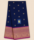 Dark Blue Gadwal Silk Saree with Flower Zari Buttis, Purple Peacock & Leaf Motif Border