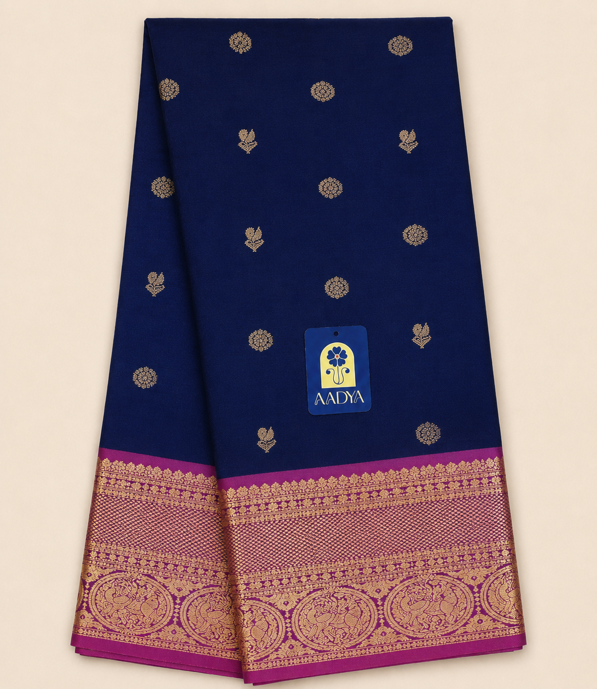 Dark Blue Gadwal Silk Saree with Flower Zari Buttis, Purple Peacock & Leaf Motif Border