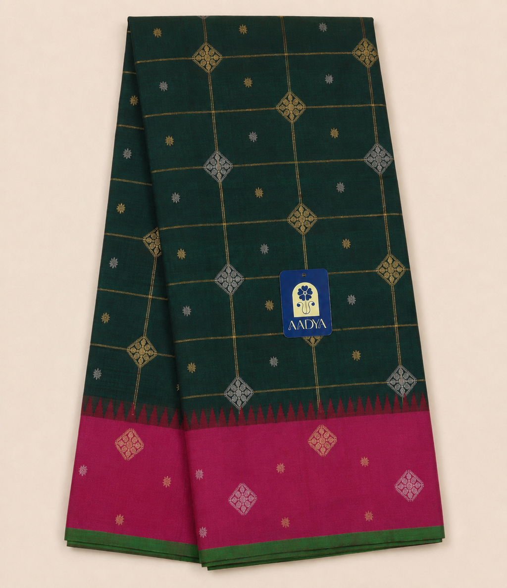 Dark Green Gadwal Silk Saree with Gold Zari Buttis & Diamond Motifs