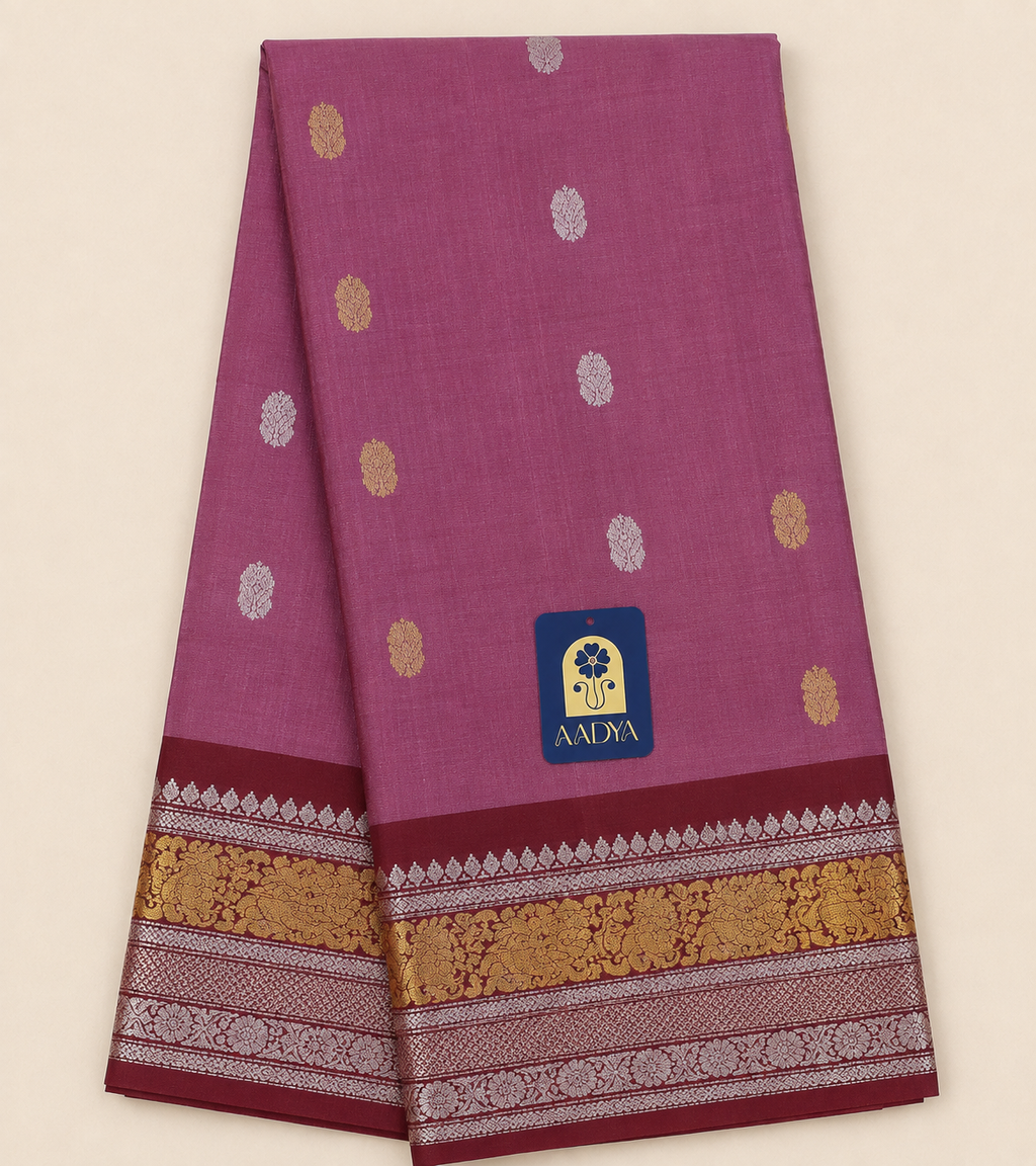 Dusty Rose Gadwal Sico Saree with Peacock & Round Zari Buttis, Maroon Zari Border