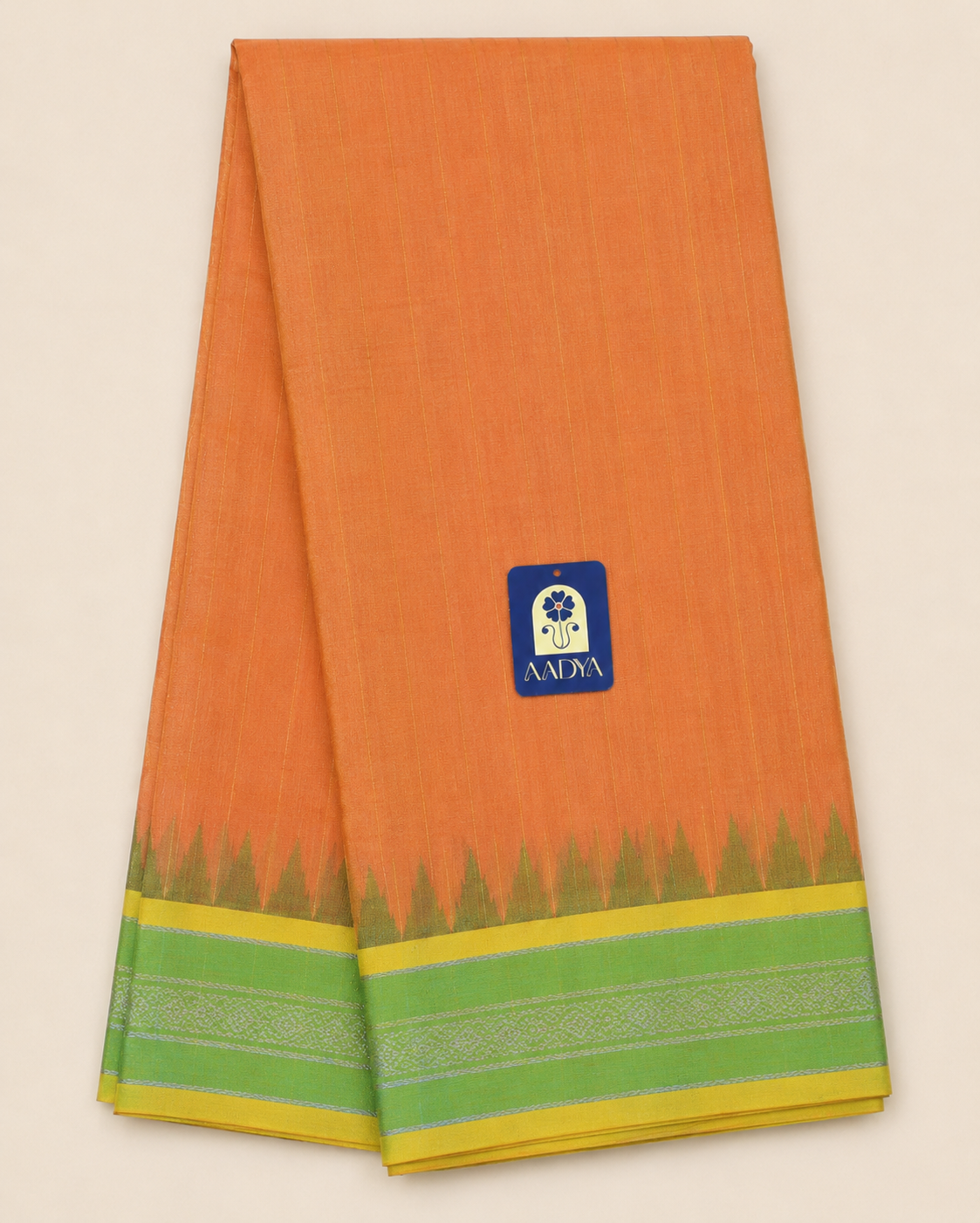 Orange Ponduru Khadi Cotton Saree with Green Border & Gold Zari Pallu