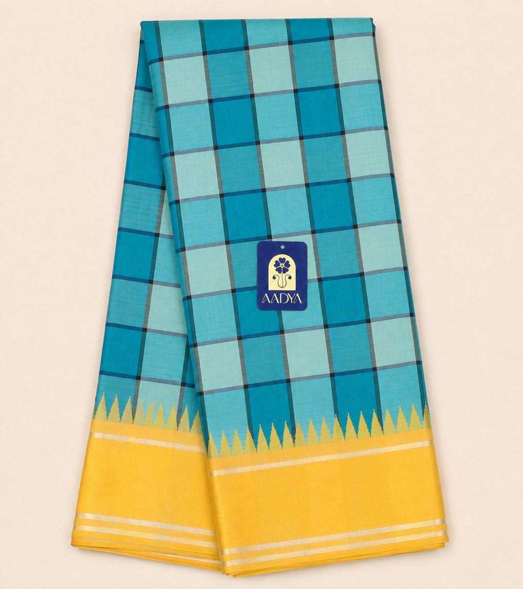 Light Green Kanchivaram Silk Saree with Silver Zari Checks & Yellow Border