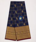 Navy Blue Kanchivaram Silk Saree with Zari Checks & Flower Buttis