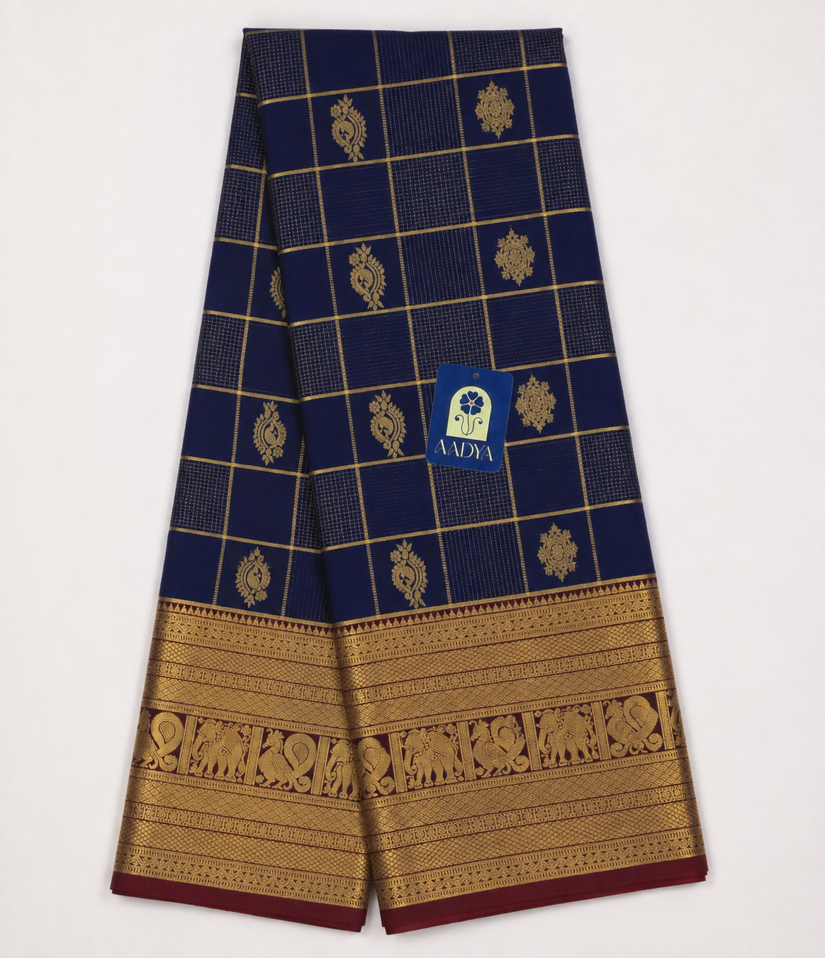 Navy Blue Kanchivaram Silk Saree with Zari Checks & Flower Buttis