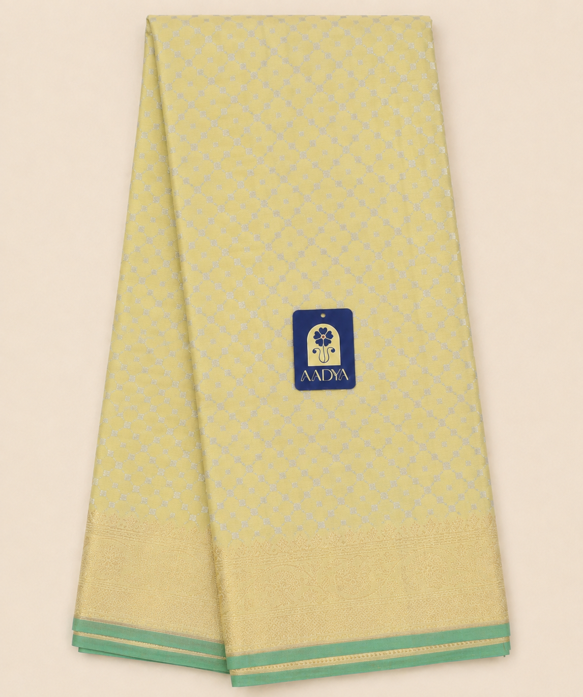Light Yellow Banaras Silk Saree with Silver & Gold Zari Border and Green Selvage