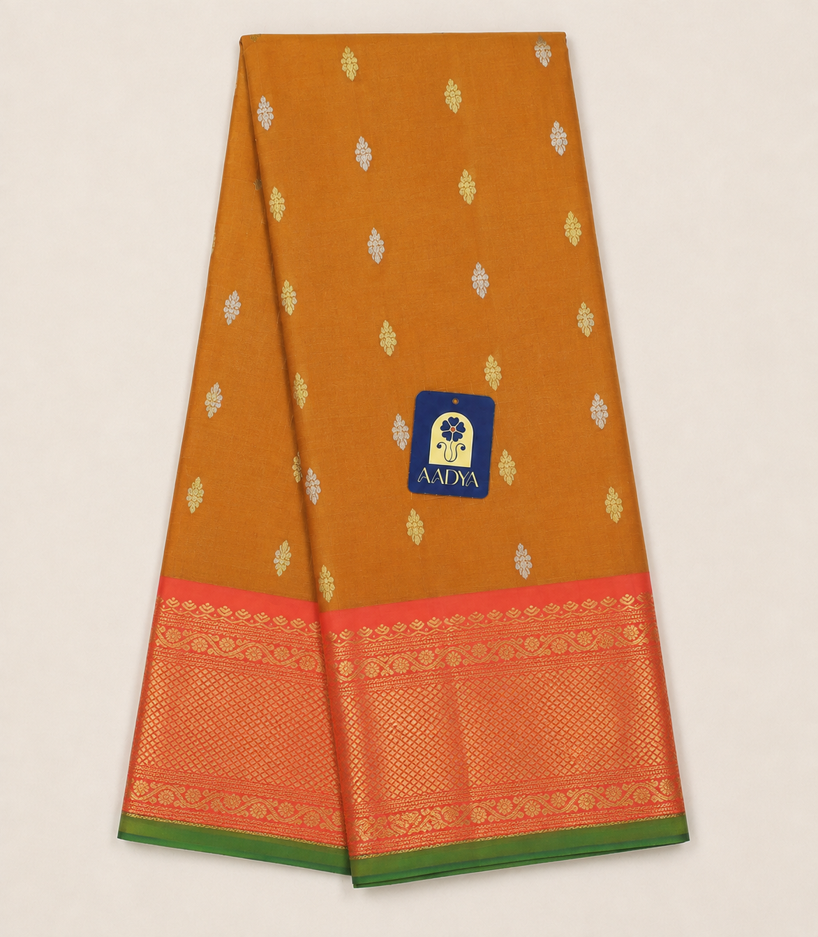 Mustard Orange Gadwal Twill Silk Saree with Gold & Silver Floral Buttis