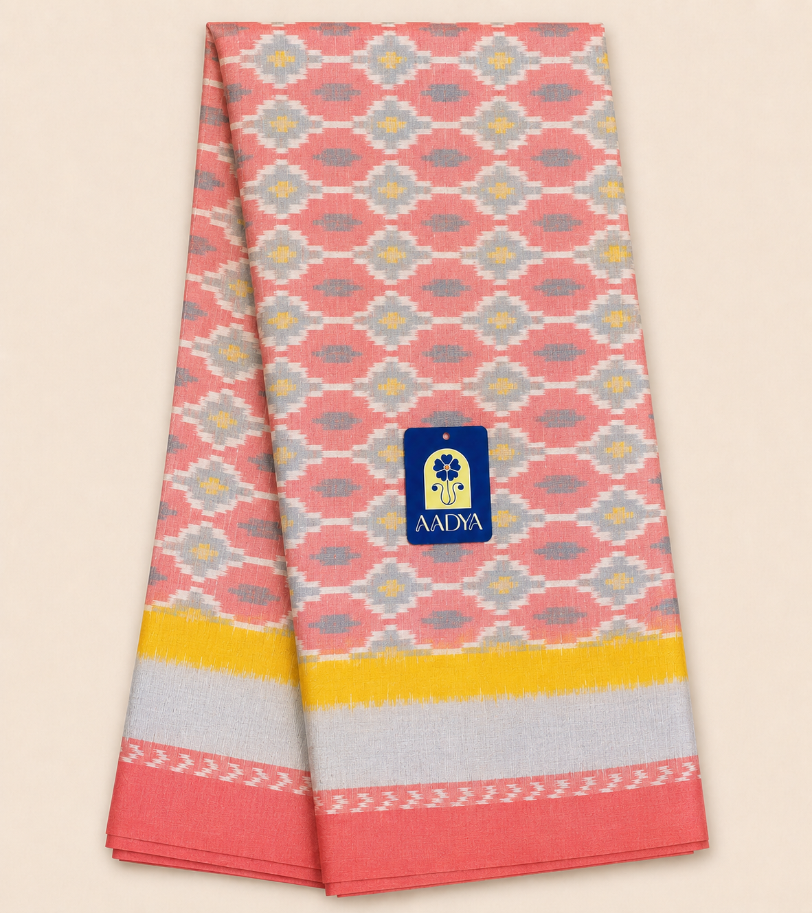 Pink Puttapaka Ikkat Eri Silk Saree with Geometric Motifs, Yellow Border & Ikkat Pallu