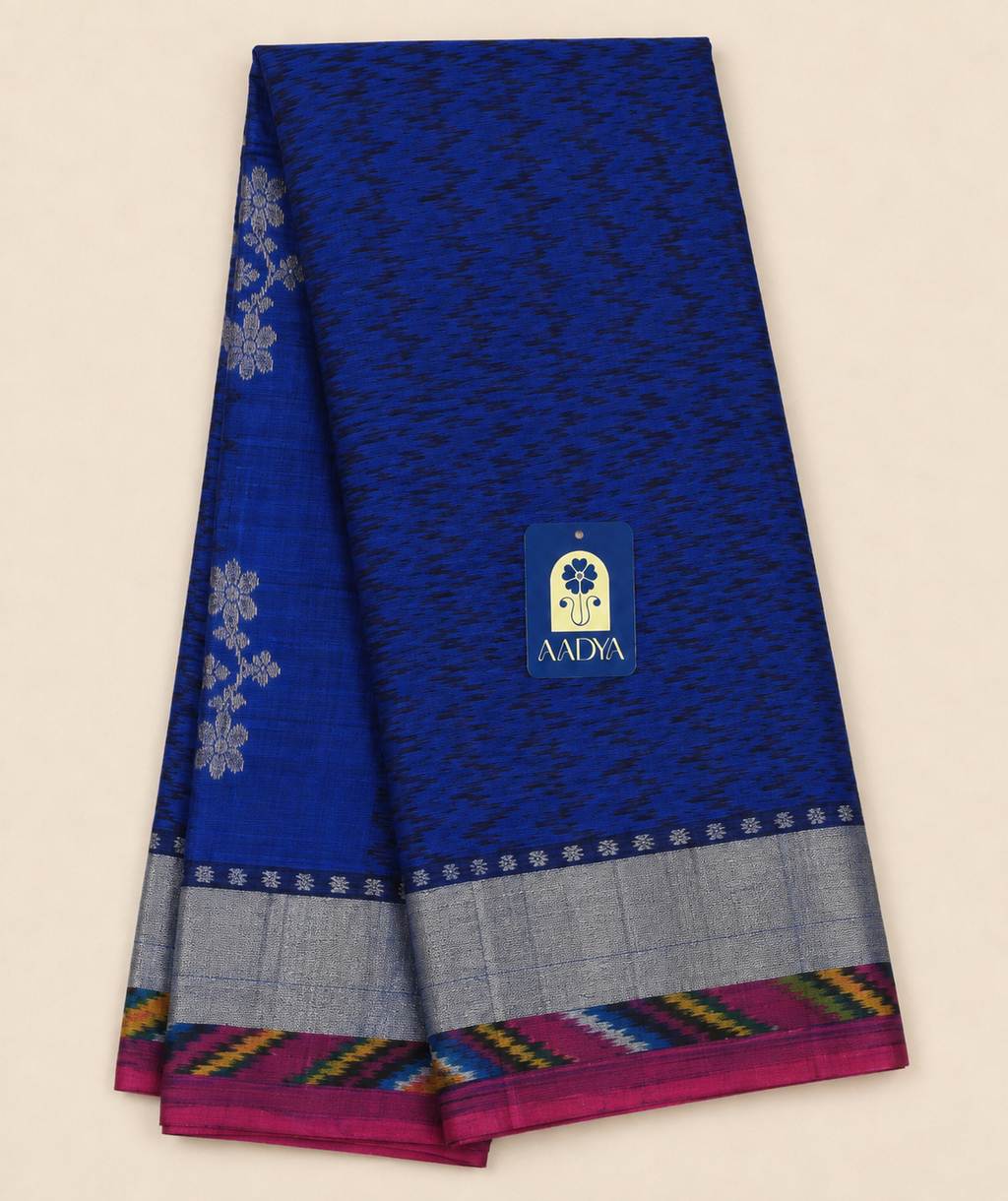 Navy Blue Puttapaka Ikkat Eri Silk Saree with Flower Buttis & Silver Zari Border