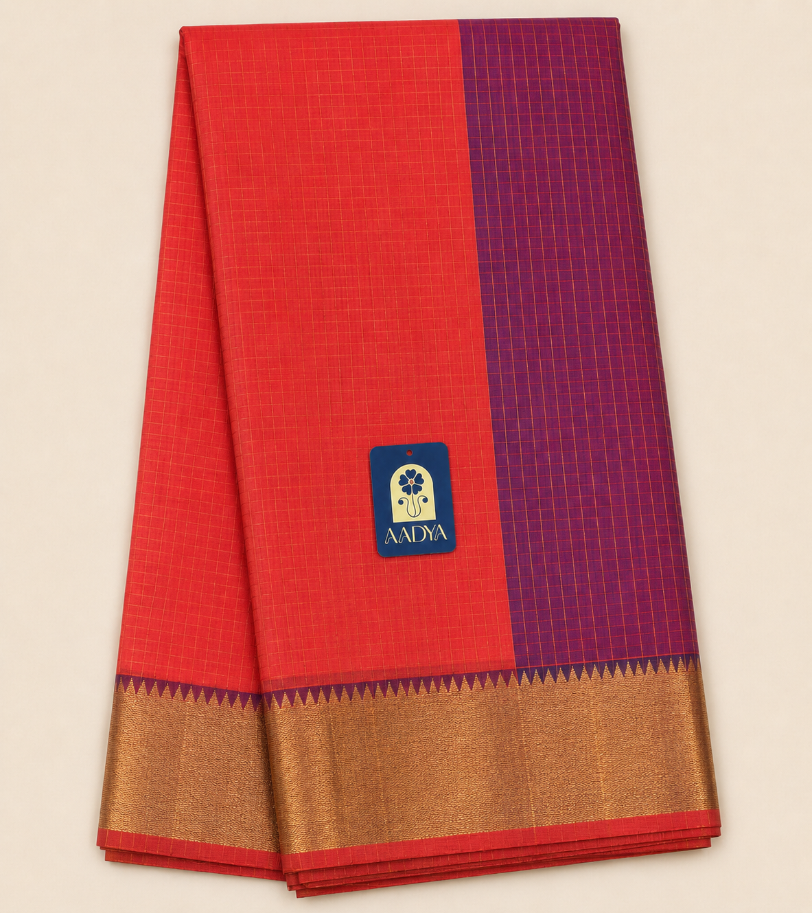 Orange Mangalgiri Sico Saree with Zari Checks & Blue Silver Zari Border