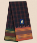 Black Gadwal Silk Saree with Big Checks & Green-Orange Ganga Jamuna Zari Border