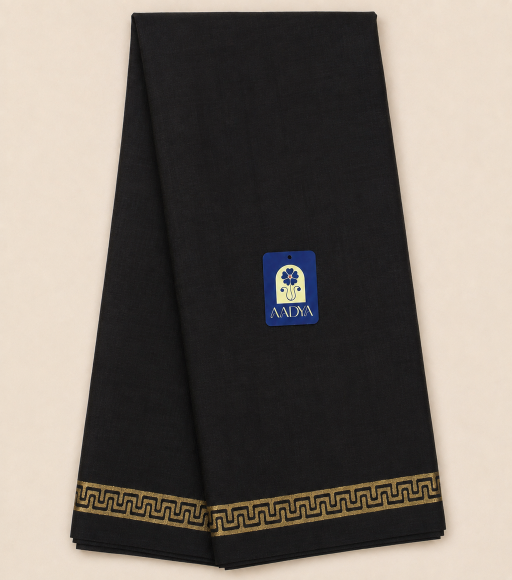 Black Tusser Saree with Mustard Gold Dabbu Printed Border & Pallu