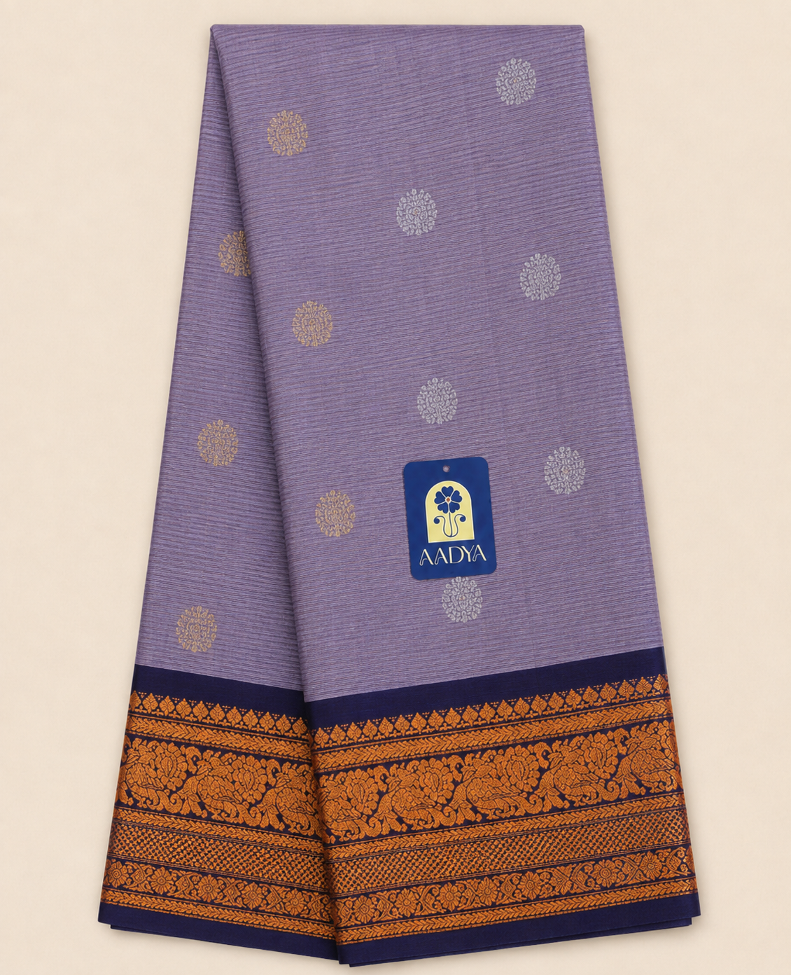 Grey Gadwal Sico Saree with Silver Parrot & Round Buttis and Navy Blue Threadwork Border