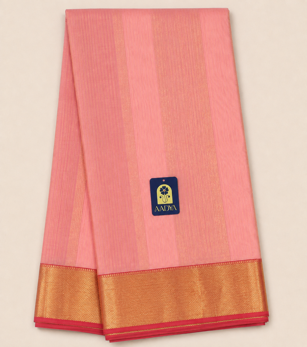 Blush Pink Maheshwari Silk Saree with Pink Zari Border & Striped Pallu