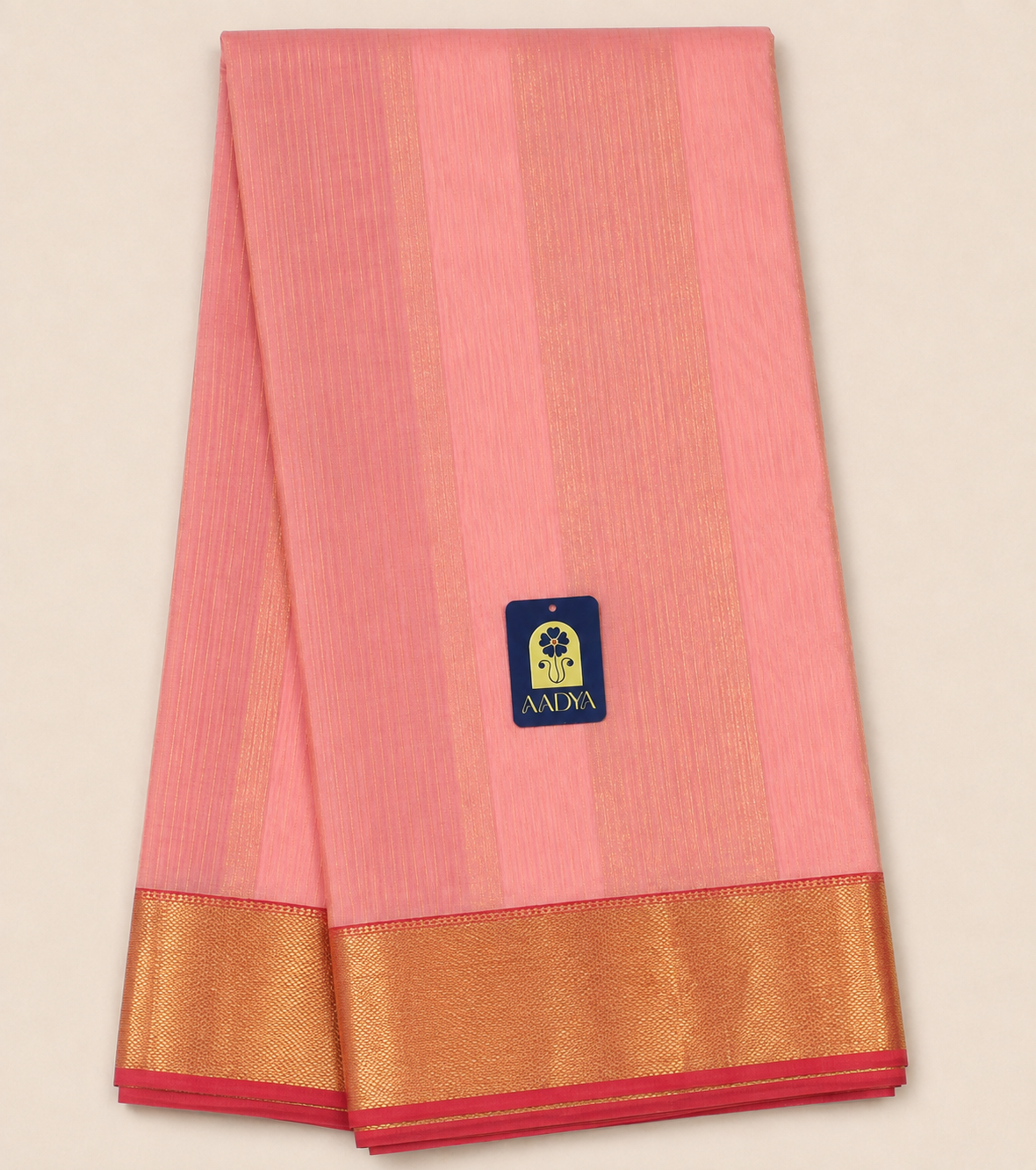 Blush Pink Maheshwari Silk Saree with Pink Zari Border & Striped Pallu