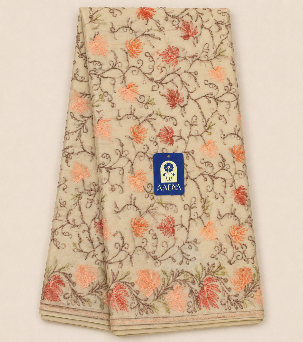 Cream Georgette Saree with Full Kashmir Work on Border & Pallu