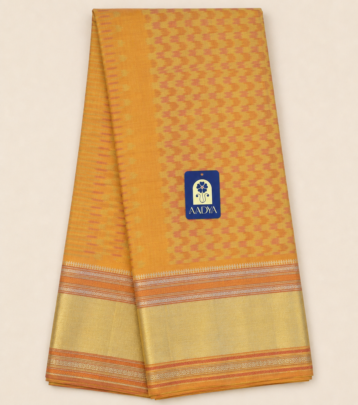 Yellow Puttapaka Ikkat Eri Silk Saree with Zig Zag Design & Red Ikkat Pallu