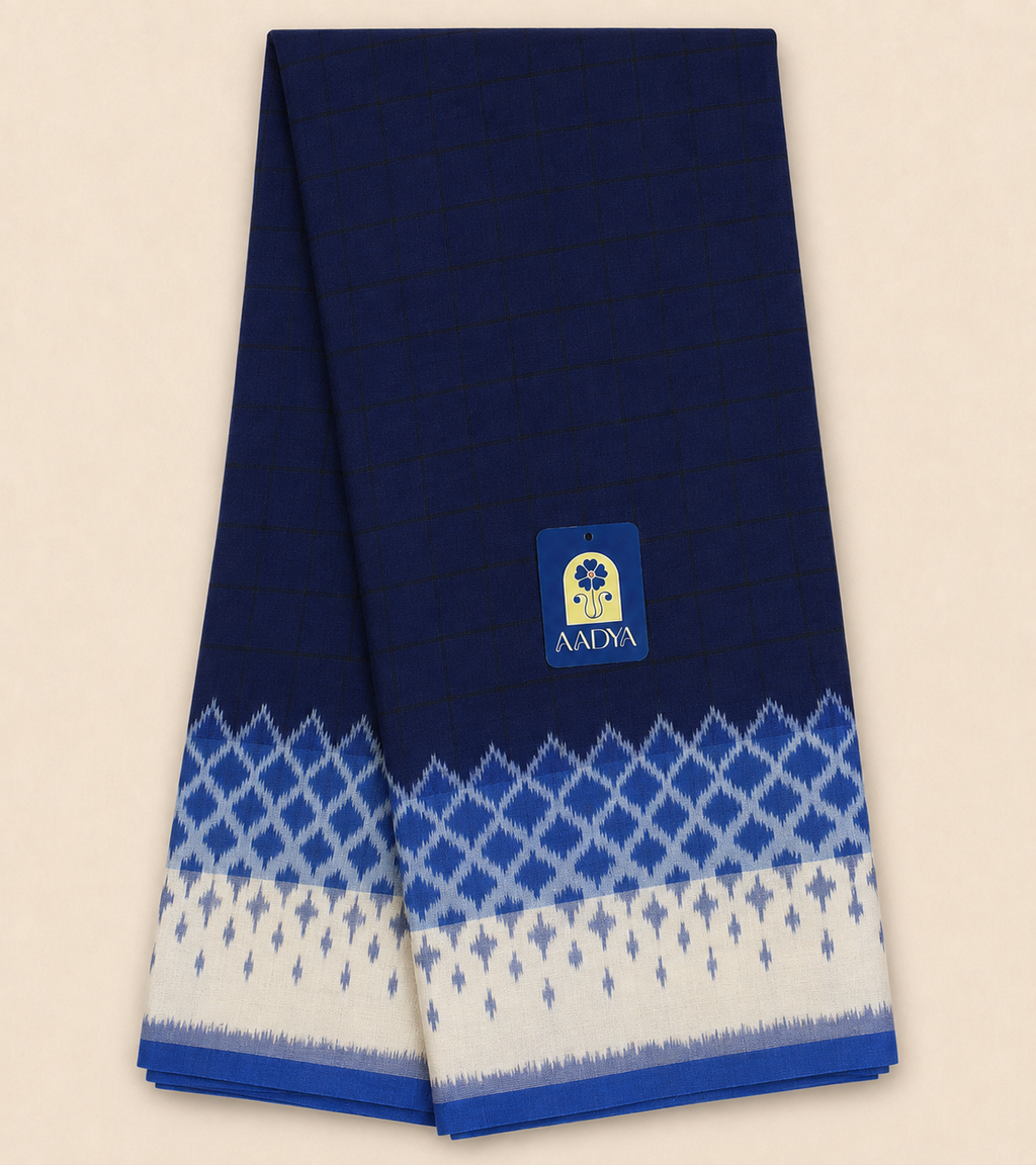 Navy Blue & Black Puttapaka Ikkat Cotton Saree with Checks, Lines & Blue Design Pallu