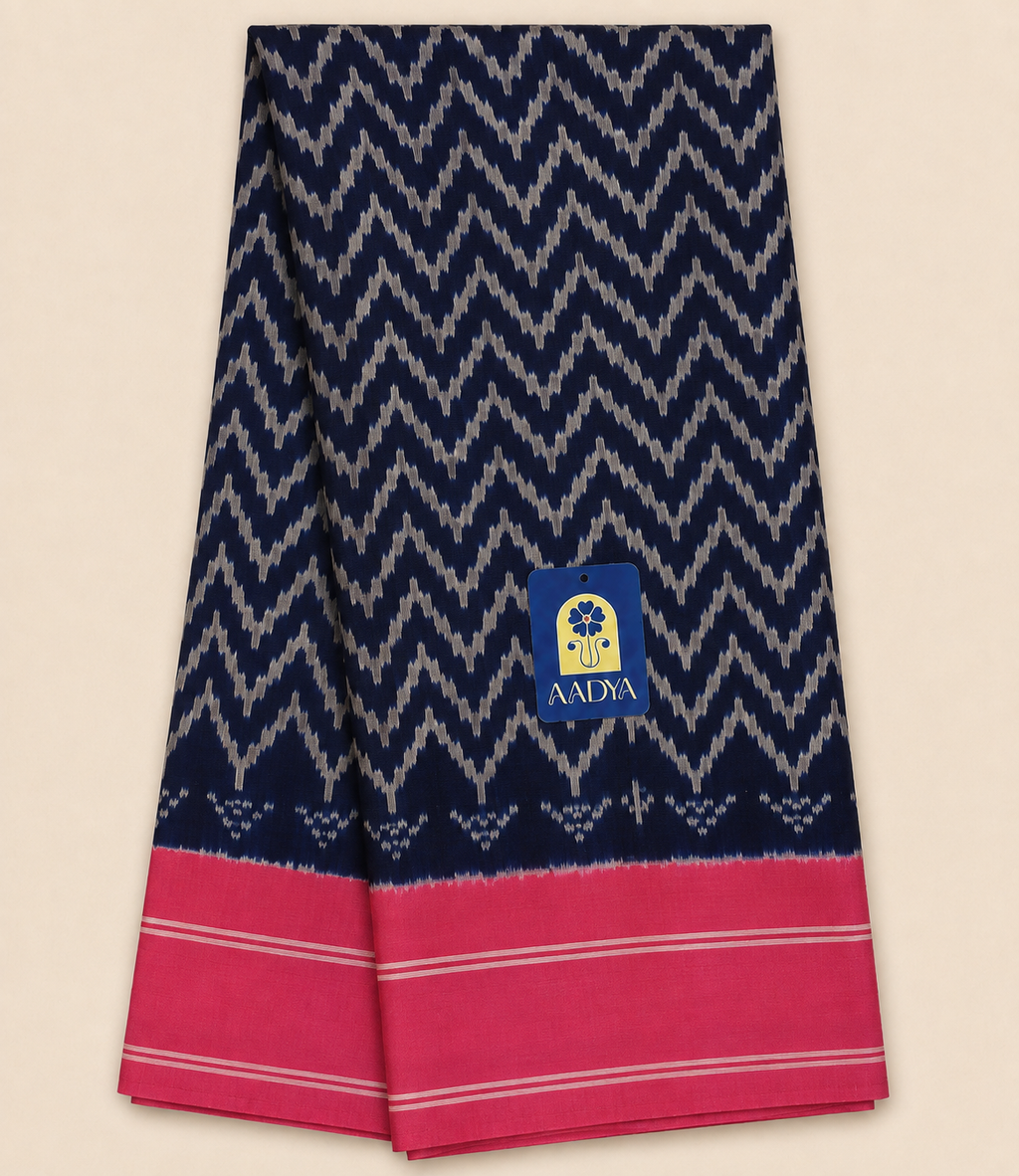 Navy Blue Puttapaka Ikkat Eri Silk Saree with Wave Design, Pink Border & Ikkat Pallu