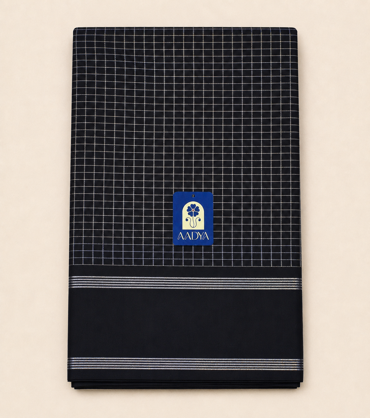 Black Kanchivaram Silk Saree with Silver Zari Checks & Border