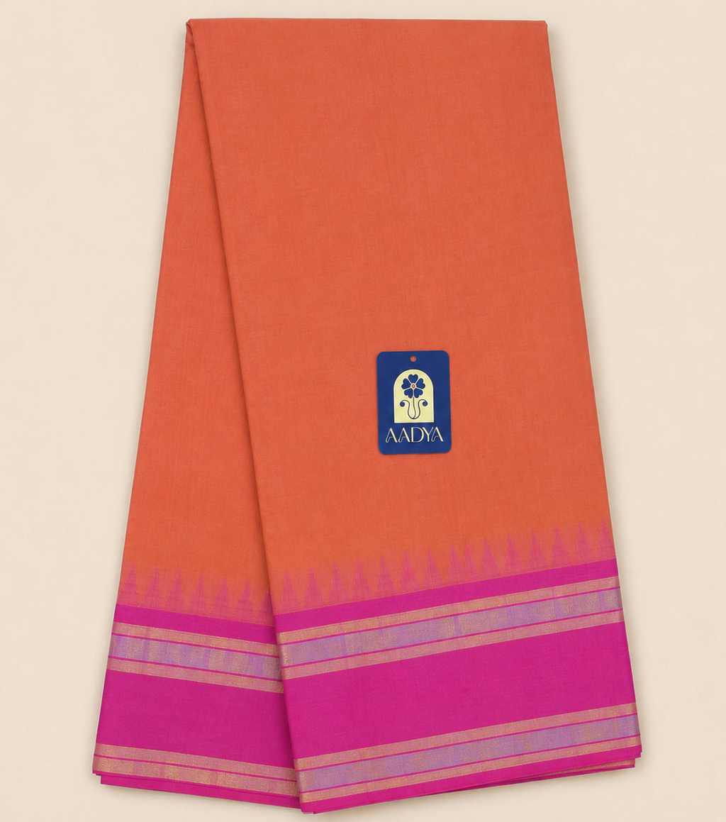 Orange Ponduru Khadi Cotton Saree with Pink Gap Border & Silver Zari Lines